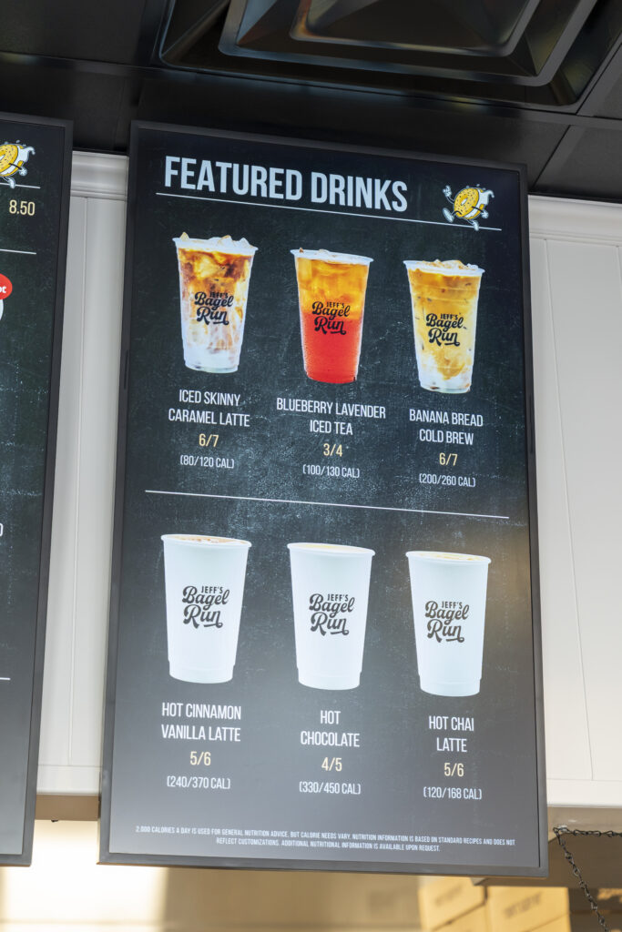 A list of drinks offered at Jeff's Bagel Run.