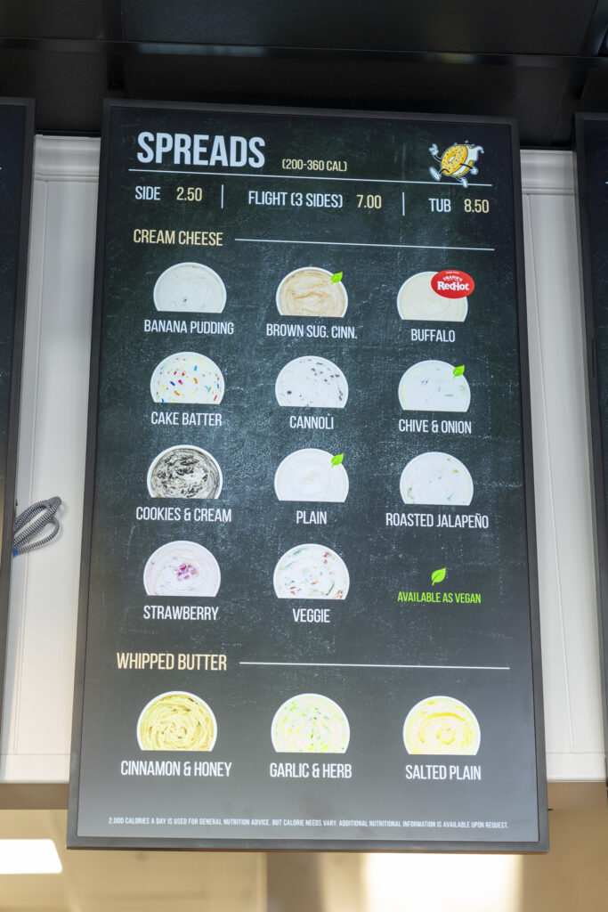 A list of spreads offered at Jeff's Bagel Run